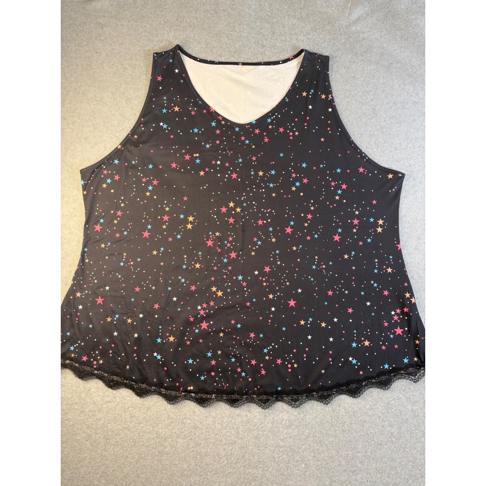 Black Multi Color Star Print Lace Trim Tank Top‎ Sleeveless 8XL Plus Size